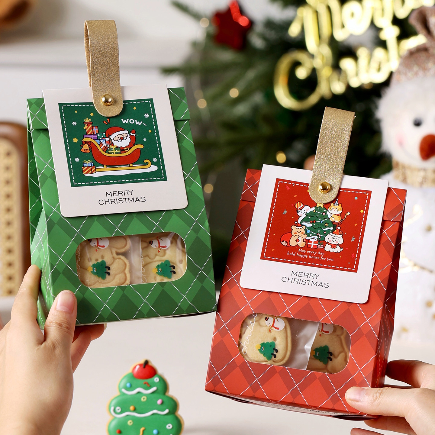 圣诞包装盒饼干礼品袋子空小曲奇雪花酥牛轧糖果手提烘焙苹果物节