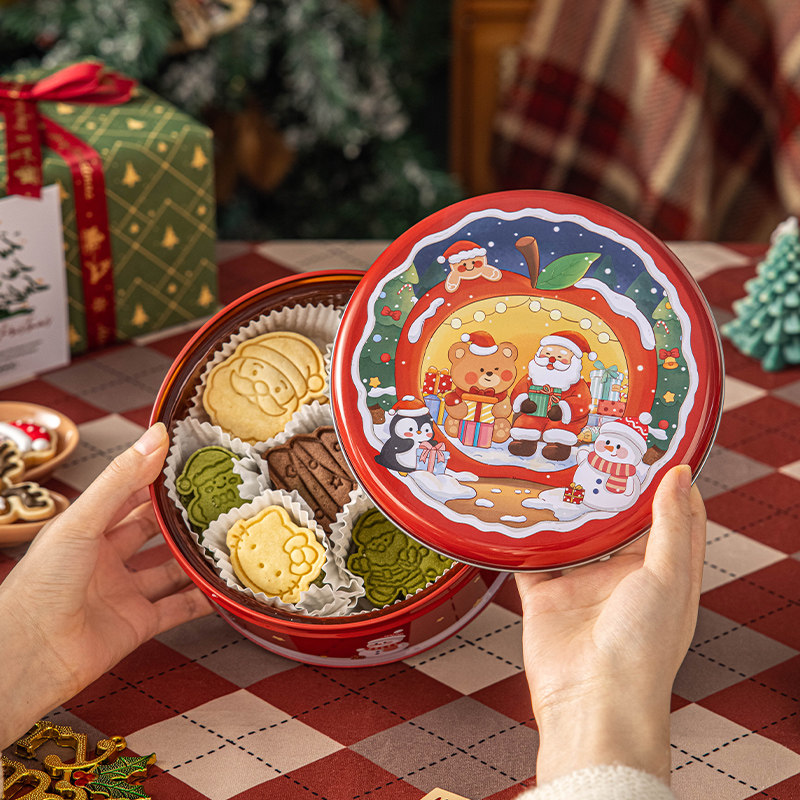 圣诞圆形打包装盒子马口铁收纳盒烘焙甜品糖果伴手礼物品盒空