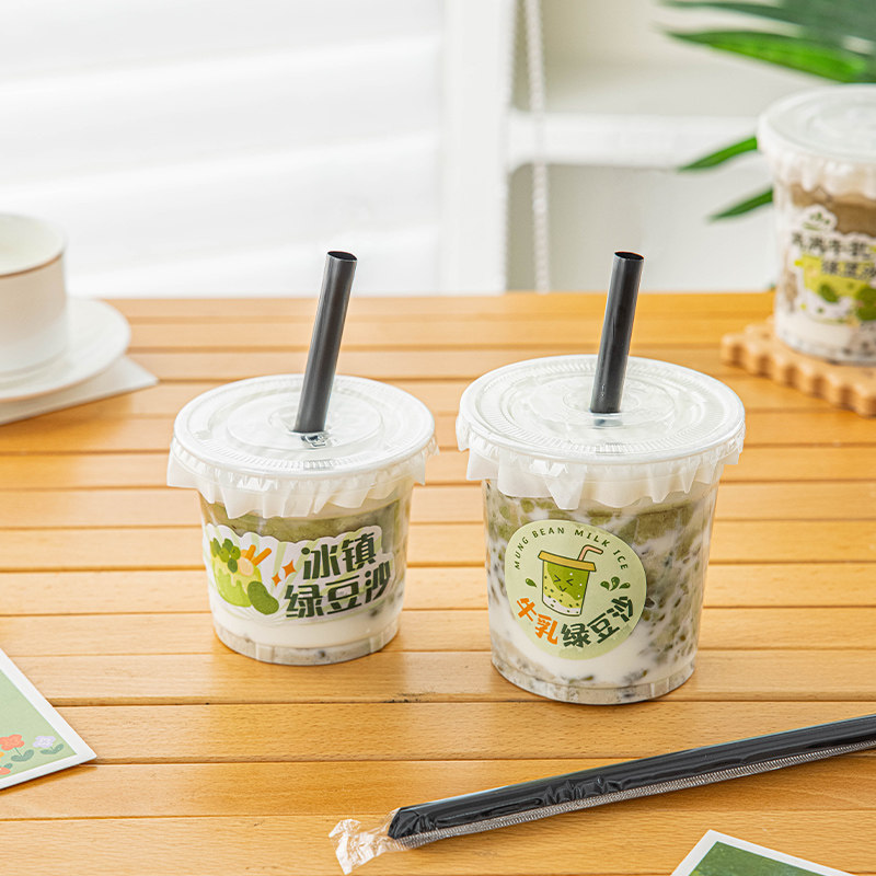 一次性绿豆沙杯带盖透明家用自制奶茶咖啡饮品食品级防漏摆摊贴纸