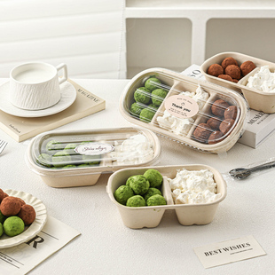 可降解分隔格打包餐盒食品级家用纸碗加厚耐高温外卖环保长方圆形
