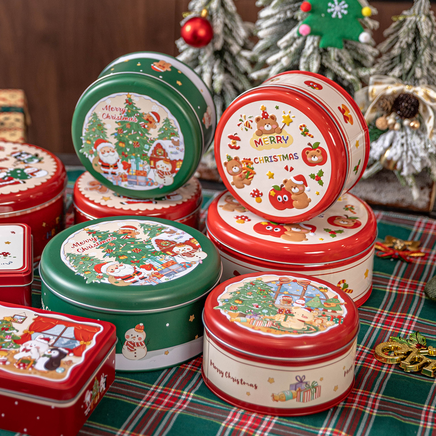 圣诞节饼干盒包装马口铁罐曲奇雪花酥空糖果圆形金属卡通礼品烘焙