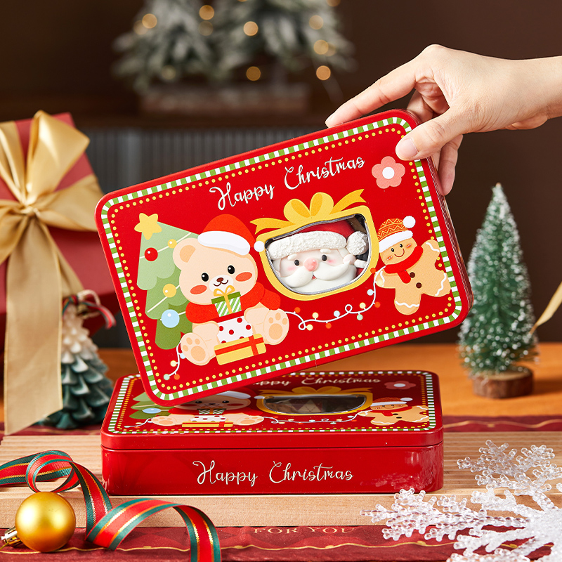 圣诞开窗礼盒长方形带盖伴手礼包装盒子生日马口铁零食糖果物品空