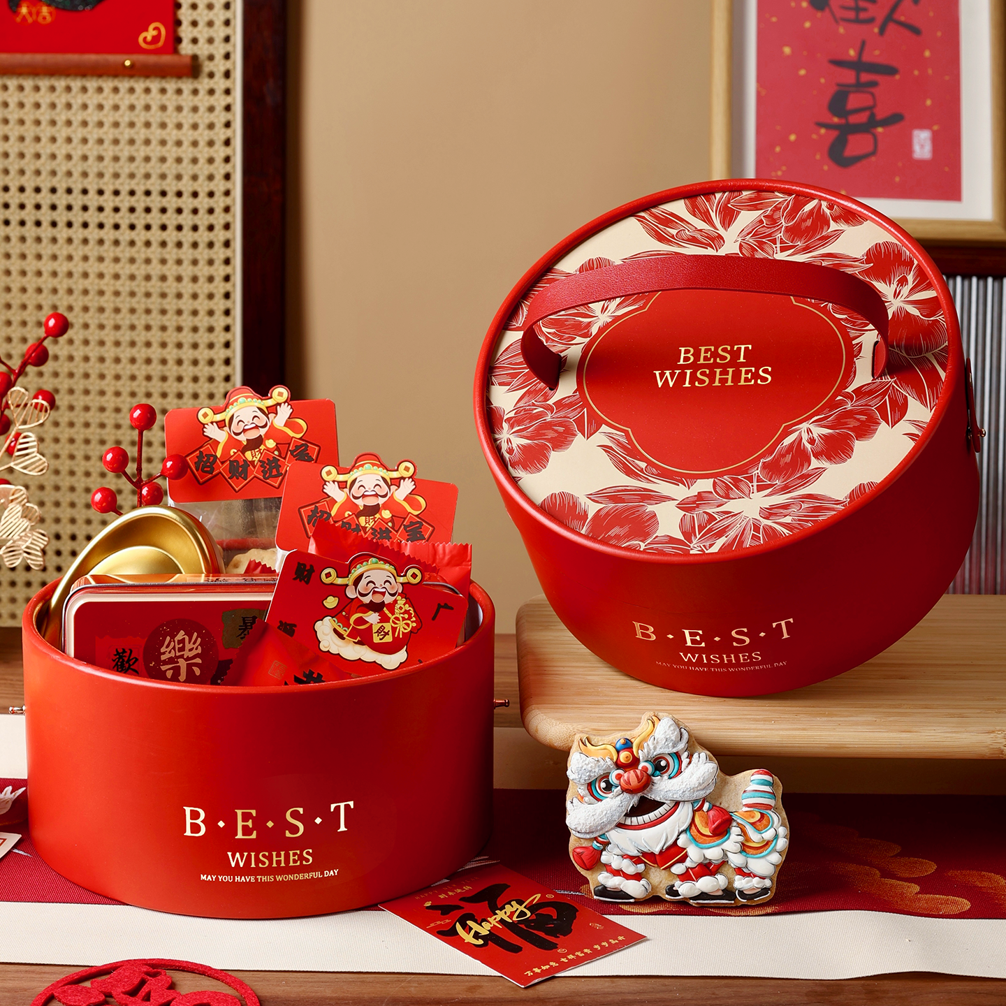 年货礼盒空盒子新春节喜糖伴手物拉菲草2026款烘焙红色高级感档马