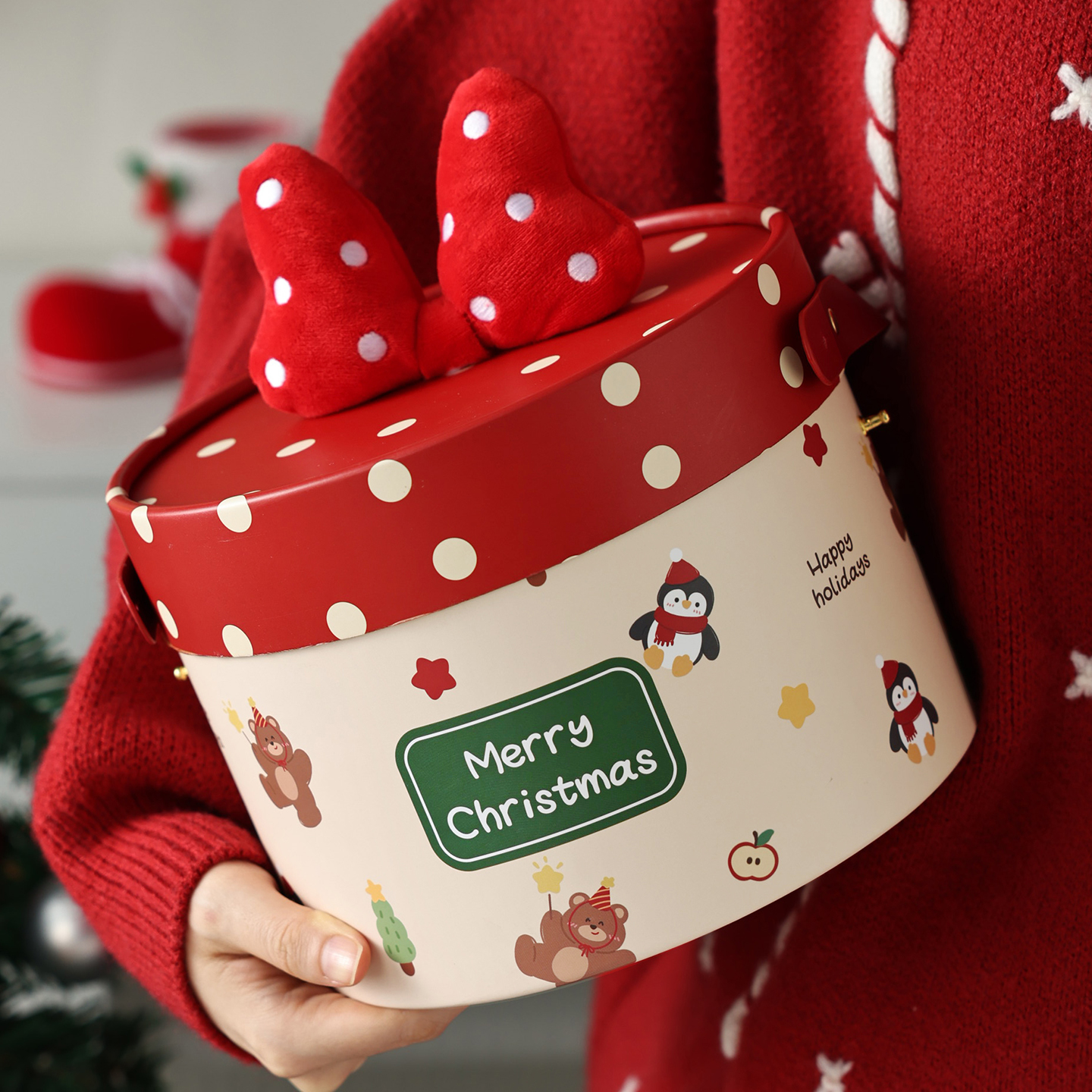 圣诞礼盒空盒礼物品袋平安夜苹果包装蝴蝶结抱抱桶节手提糖果零食