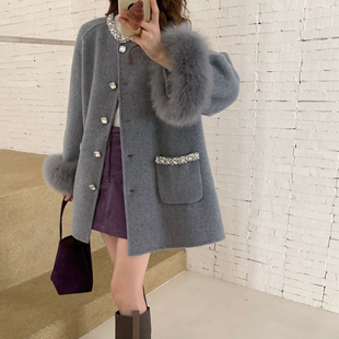 欧洲站2025新款 韩系钉珠双面羊毛大衣狐狸毛皮草外套女圆领中长款
