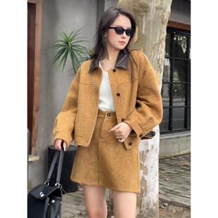 秋叶黄秋冬季小个子短款毛呢外套女羊毛裙子两件套双面羊绒大衣女