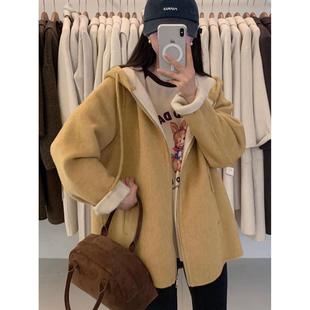 韩系撞色连帽双面羊绒大衣女短款秋冬新款宽松拉链羊毛呢外套显瘦