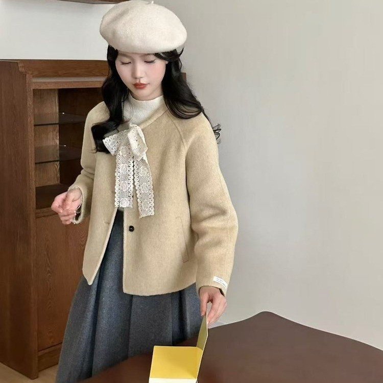 25秋冬新款双面羊绒大衣女短款蕾丝蝴蝶结外套女气质款小香风甜美