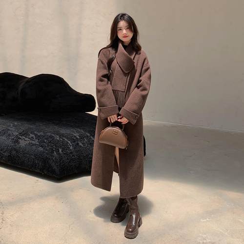 围巾可拆卸羊绒中长款双面呢大衣女双面呢长款2025羊毛毛呢外套