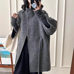 名媛千金抽绳双面羊绒大衣女短款针织袖拼接立领慵懒风羊毛呢外套