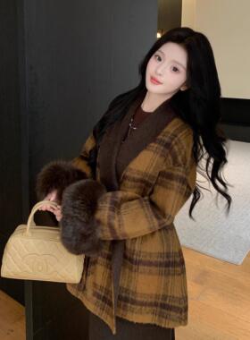 黄色枫叶新款韩版格纹双面羊毛大衣女狐狸毛袖皮草外套中长款浴袍