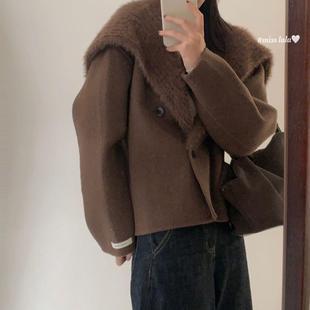 软糯针织大翻领双面羊绒大衣女2025秋冬新款短款小香风羊毛呢外套