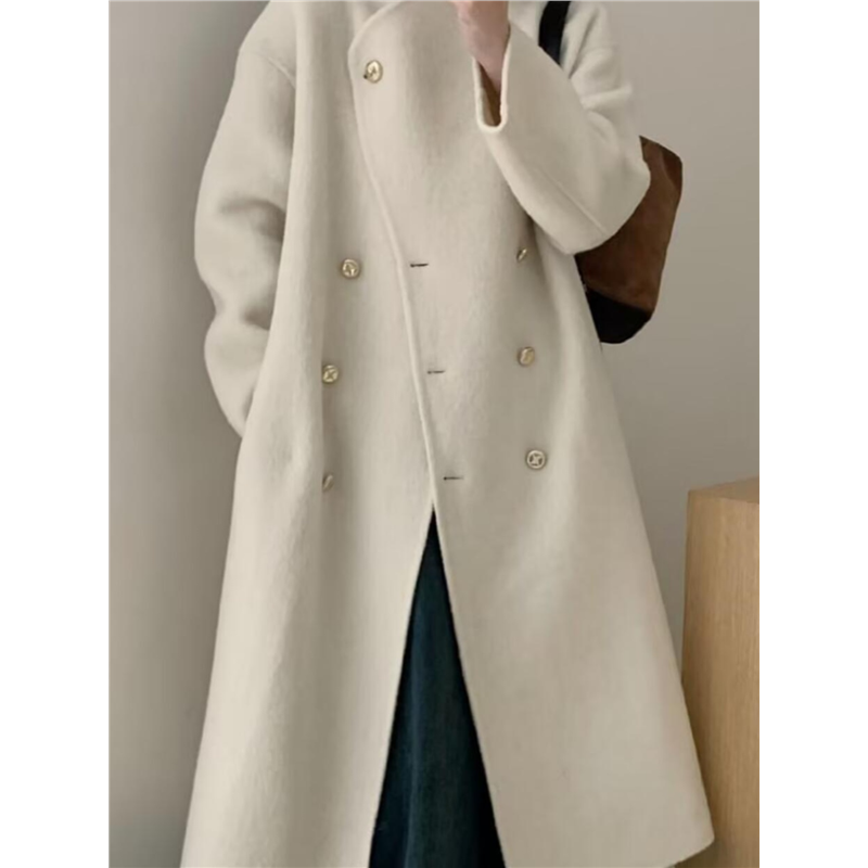 2025新款立领韩系灰色双面羊绒大衣女长款赫本风羊毛呢外套反季