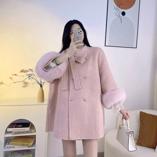 2025秋冬蝴蝶结狐狸毛粉色双面羊绒大衣秋冬新款羊毛斗篷外套女