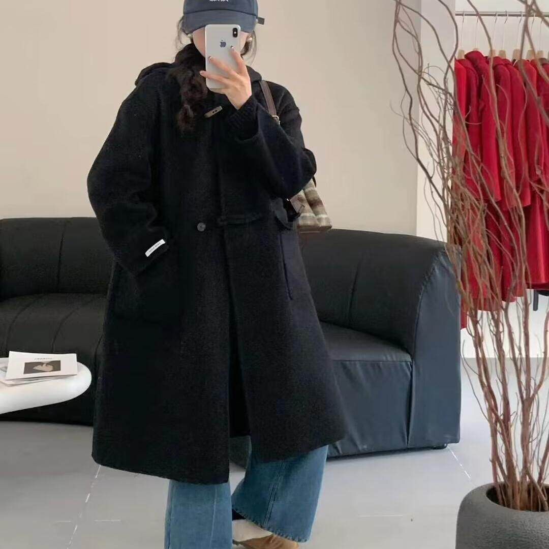 反季秋冬新款设计感连帽牛角扣双面羊毛大衣长款高端显瘦羊毛外套,女装/女士精品,毛呢外套,淘宝优惠券,粉丝福利购,淘宝优惠卷