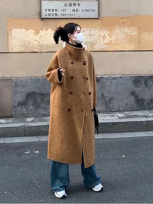 2025秋冬新款韩版立领双排扣双面羊绒大衣羊毛中长款灰色加厚女