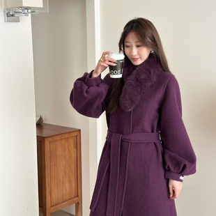 紫色毛领灯笼袖羊毛呢大衣女中长款收腰外套千金风贵气感厚款圆领