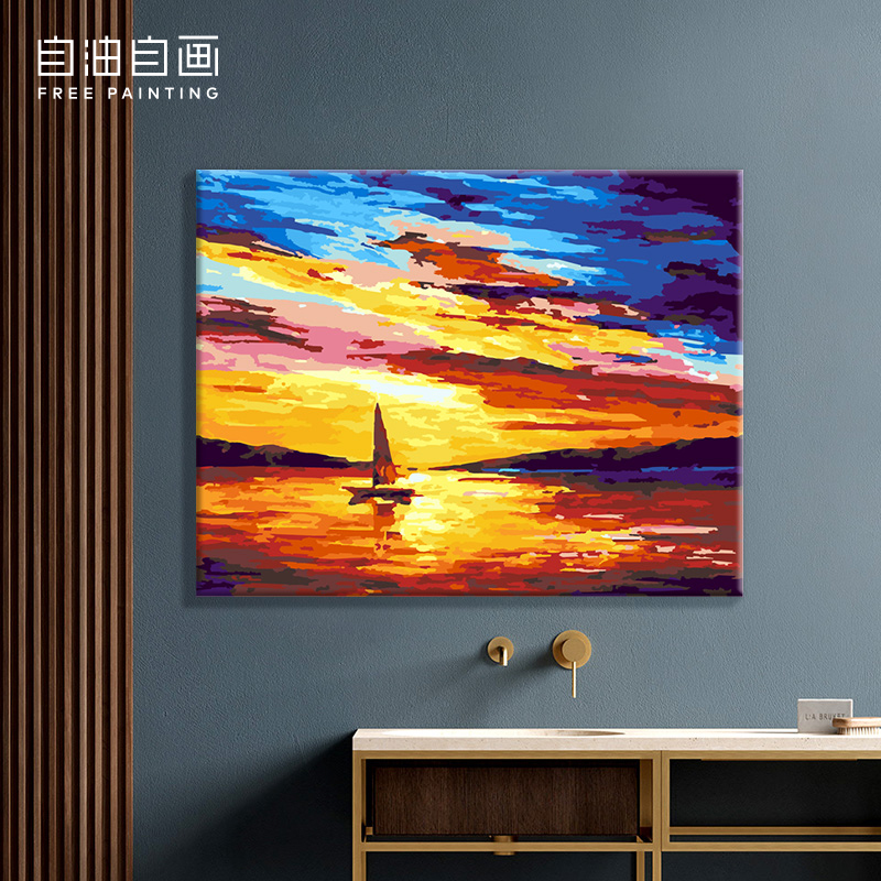自油自画 数字油画diy 大幅手绘客厅山水风景抽象装饰画 水天一色
