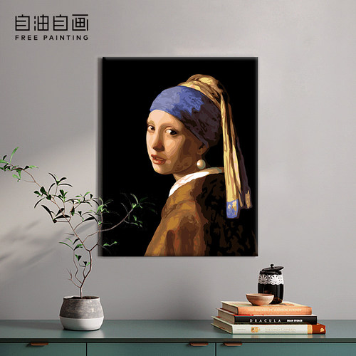 自油自画油画戴珍珠耳环的少女