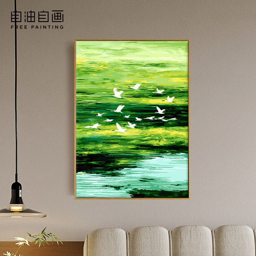 自油自画数字油画绿野飞鹭