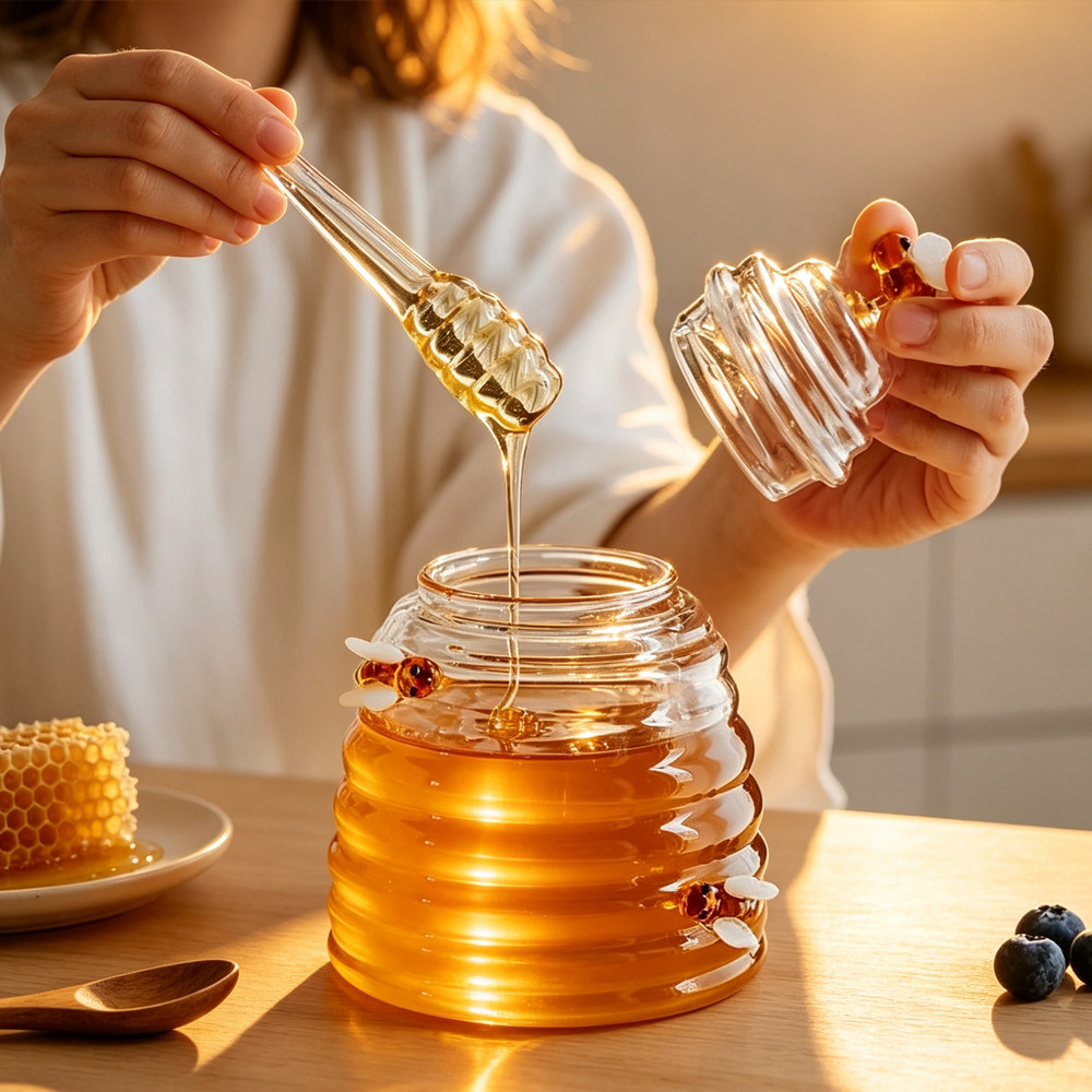 跨境Honey bottle透明玻璃搅拌棒蜂蜜瓶大容量玻璃瓶蜂蜜罐玻璃瓶