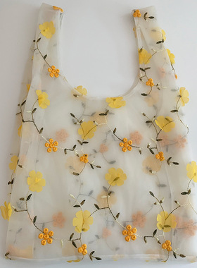 黄色花花刺绣网纱包 仙女夏日可爱网纱手拎花朵包袋