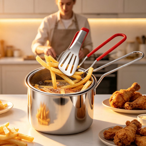 跨境Deep fryer 304不锈钢油炸锅家用燃气迷你锅带滤网省油小炸锅