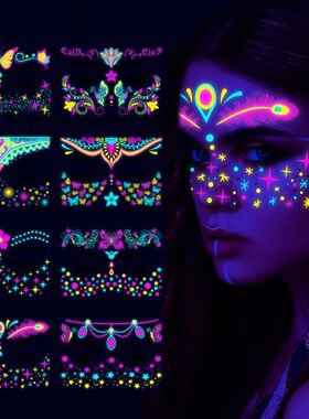 2026跨境tattoo sticker音乐节荧光发光蝴蝶脸贴 化妆舞会纹身贴