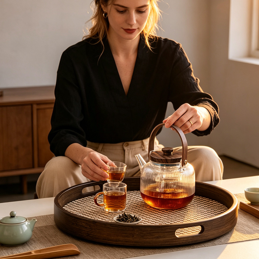 跨境tray席面托盘日式竹制长方形零食盘楠竹提手圆盘茶盘复古茶盘