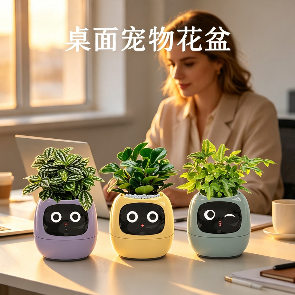 跨境智能懒人自动吸水花盆树脂圆形USB充电式室内植物小花盆器