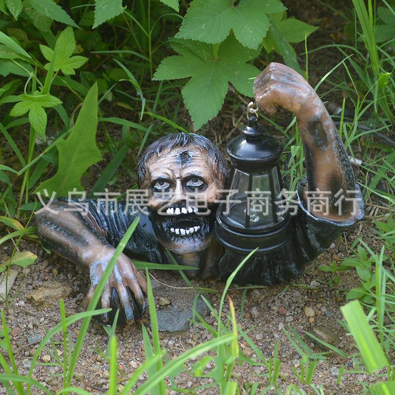 跨境新款树脂摆件花园装饰品僵尸提灯万圣节恐怖雕塑树脂工艺品
