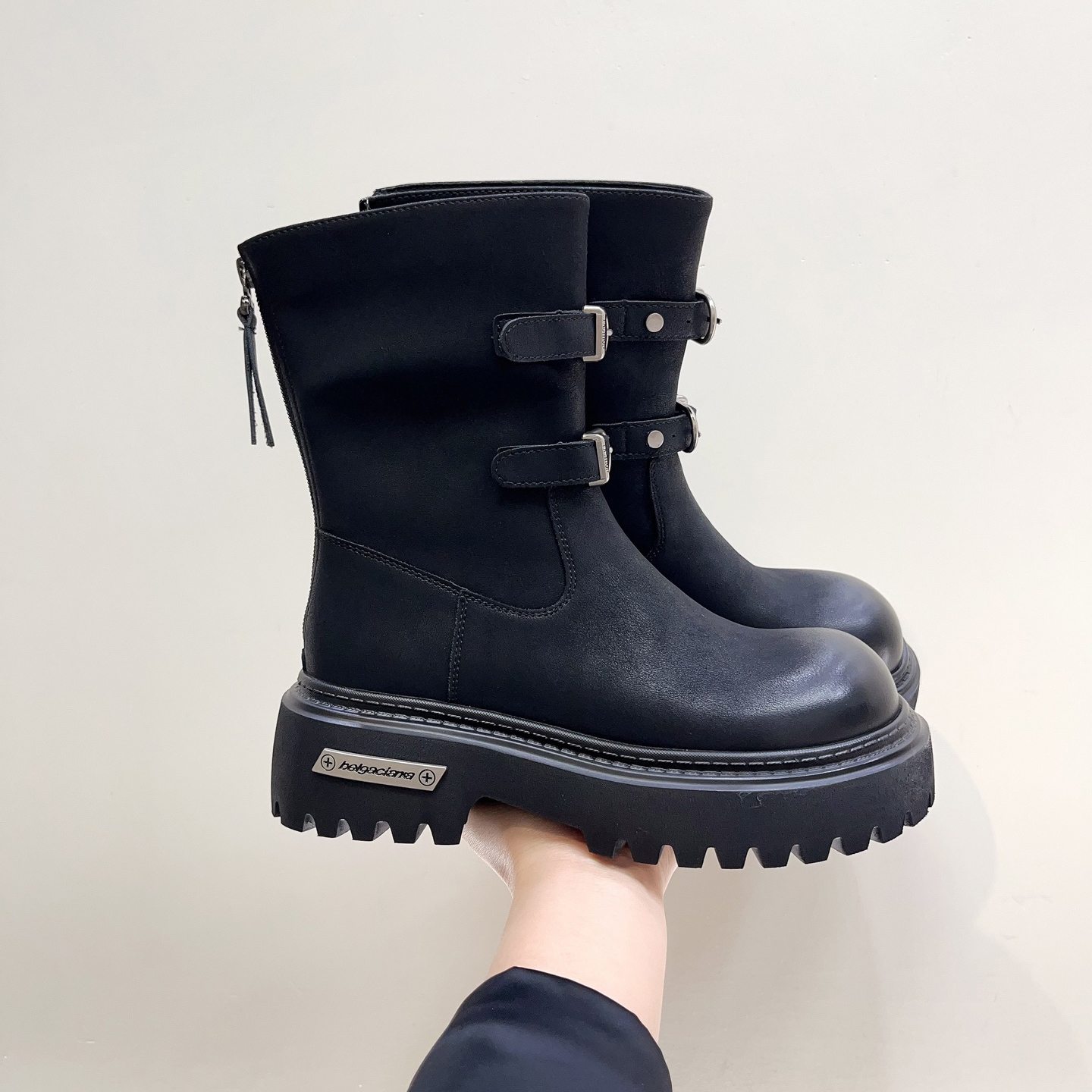 复古风擦色粗跟厚底骑士靴