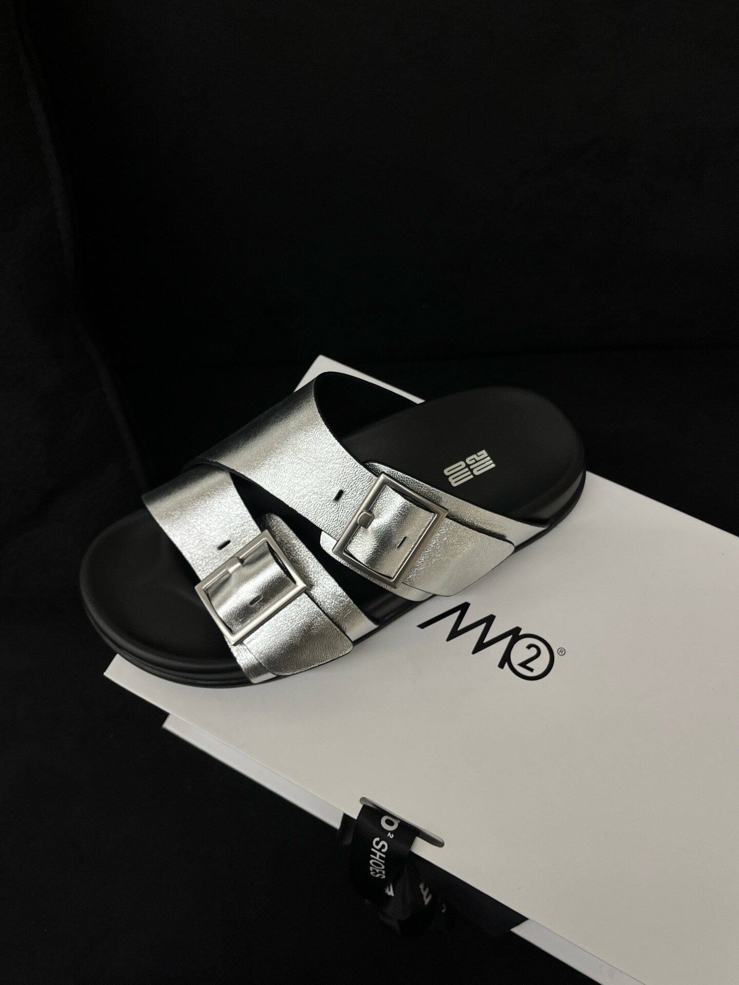 银色双排扣一字勃肯鞋凉鞋夏上新博肯厚底懒佣凉拖平底拖鞋女外穿