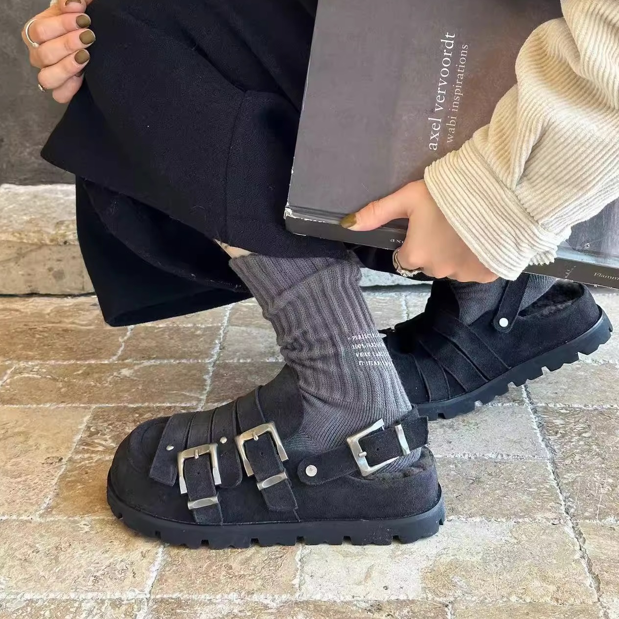 复古风磨砂皮松糕厚底增高包头半拖女2025秋冬新款皮带扣毛毛拖鞋