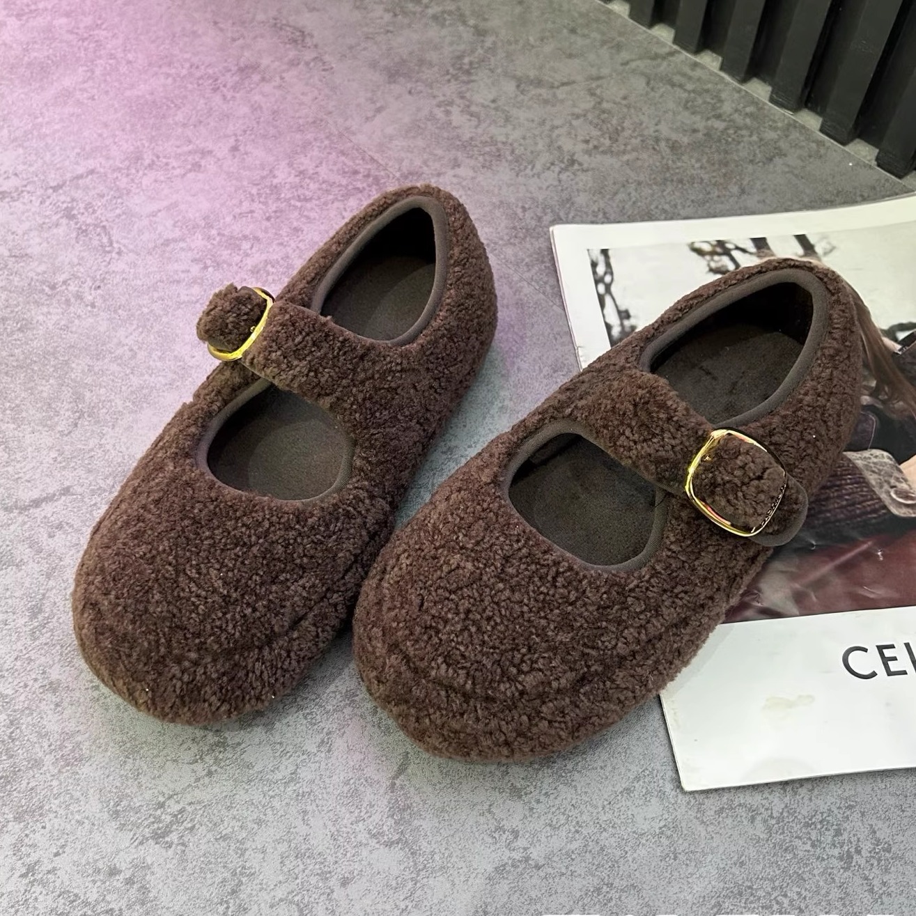 丑萌毛毛玛丽珍鞋女厚底勃肯鞋