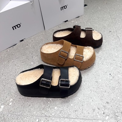 2025真皮羊糕毛厚底一字拖