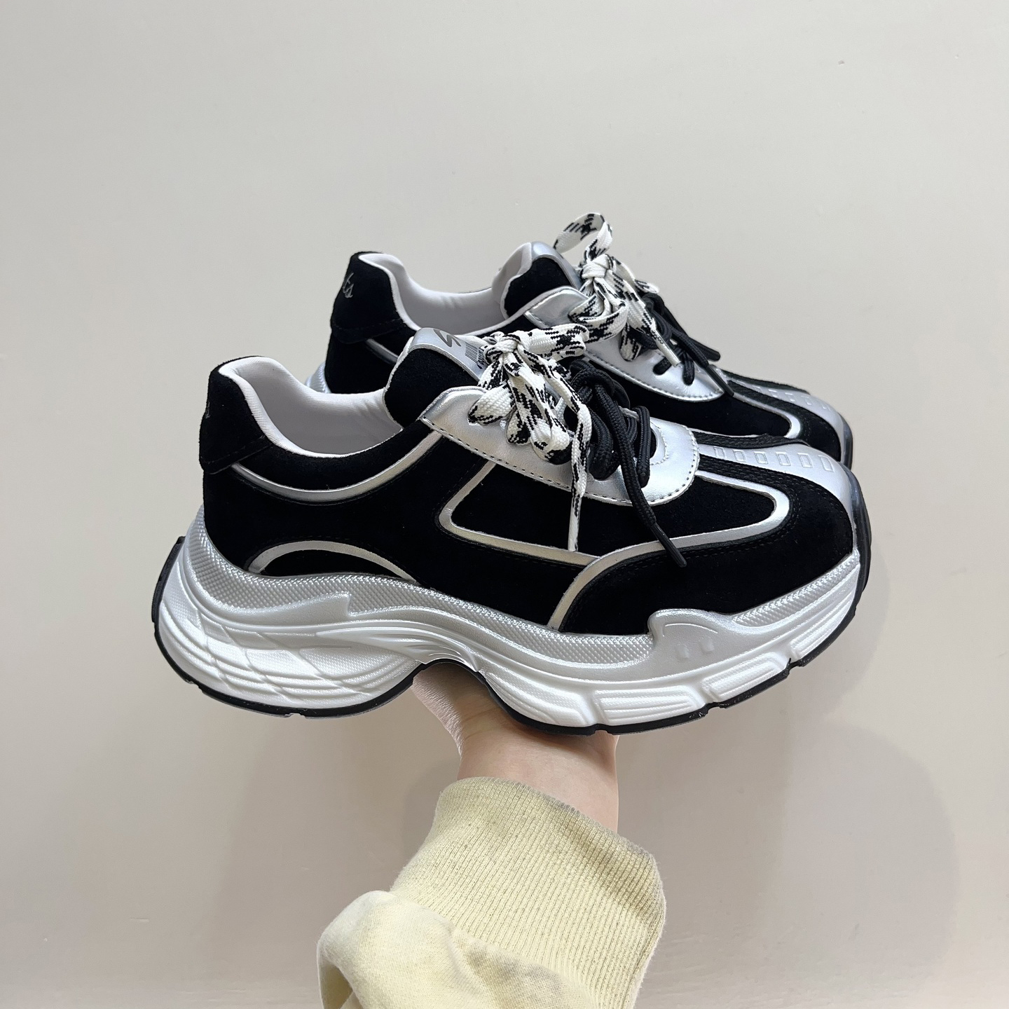 复古风拼色磨砂皮松糕厚底老爹鞋