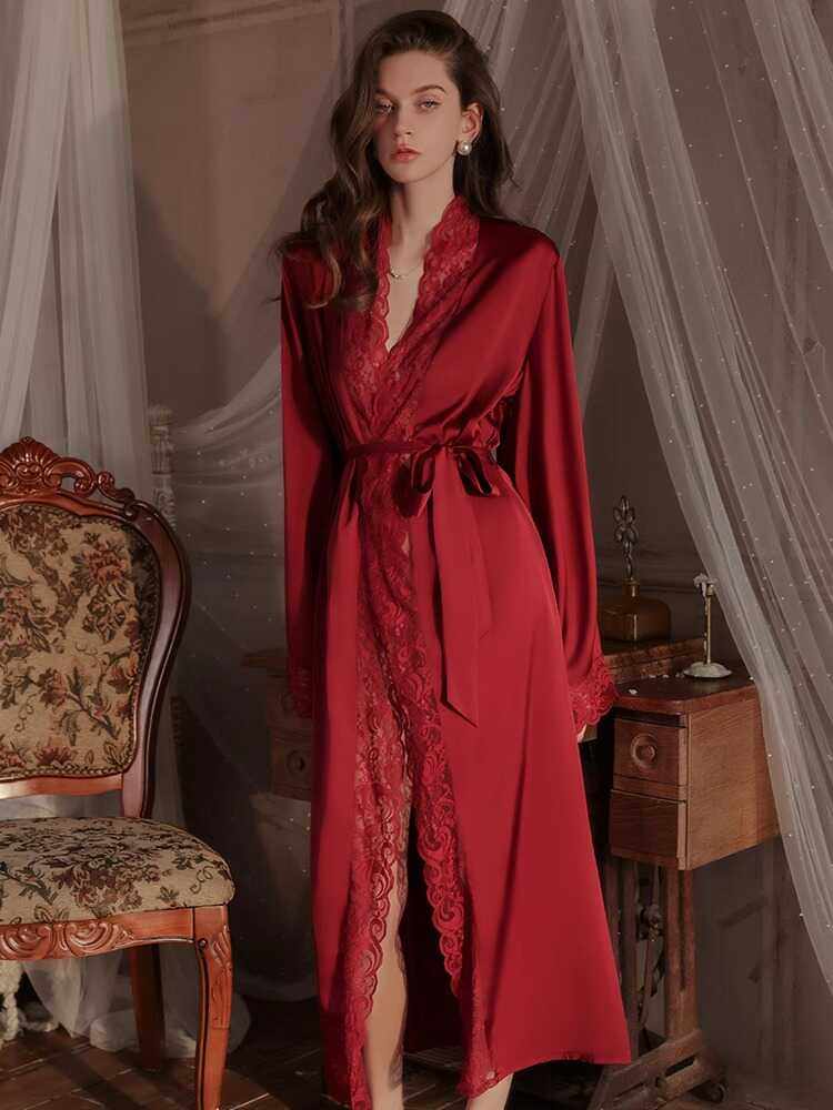 2024真丝轻奢睡衣女夏季桑蚕丝拼接蕾丝边长款新婚性感睡袍家居服