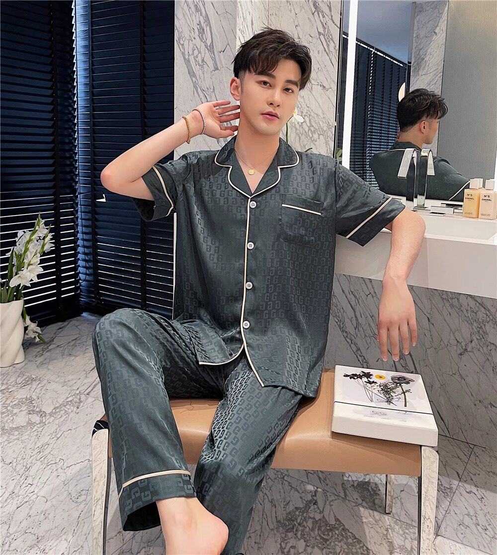 桑蚕丝男短袖三件套睡衣家居服