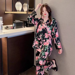 真丝中国风休闲家居服春季 新品 复古花卉斜襟系带桑蚕丝宽松睡衣女