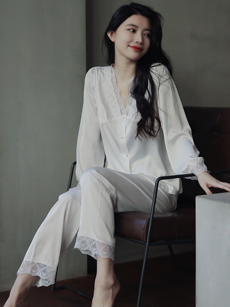 2024新款春秋季真丝睡衣女套装性感蕾丝花边长袖长裤桑蚕丝家居服