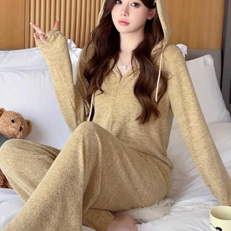 韩版莫代尔长袖连帽网红风睡衣女