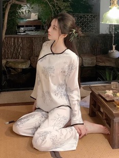 中国风斜襟系扣家居服套装 2024新款 休闲长袖 桑蚕丝睡衣女款 春秋款