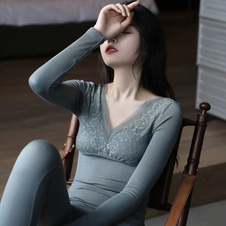 新款黛安靓恒温发热保暖内衣套装女士薄款内穿紧身美体蕾丝打底