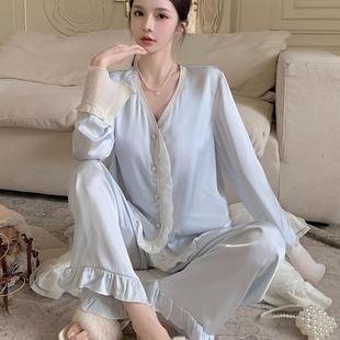 桑蚕丝法式 甜美高级感蕾丝花边真丝家居服 宫廷风睡衣女春夏季 长袖