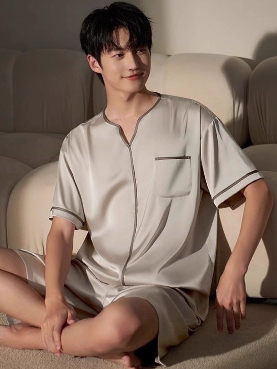 新款简约风男士真丝短袖短裤睡衣