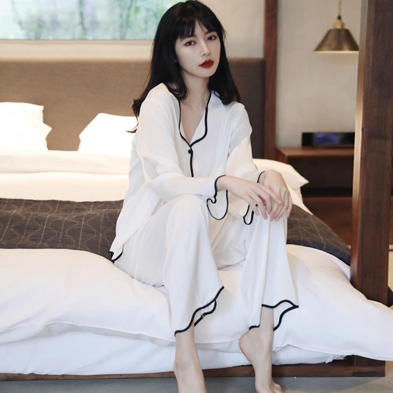2025春秋季新款真丝睡衣女长袖套装纯色丝滑高级感可外穿家居服
