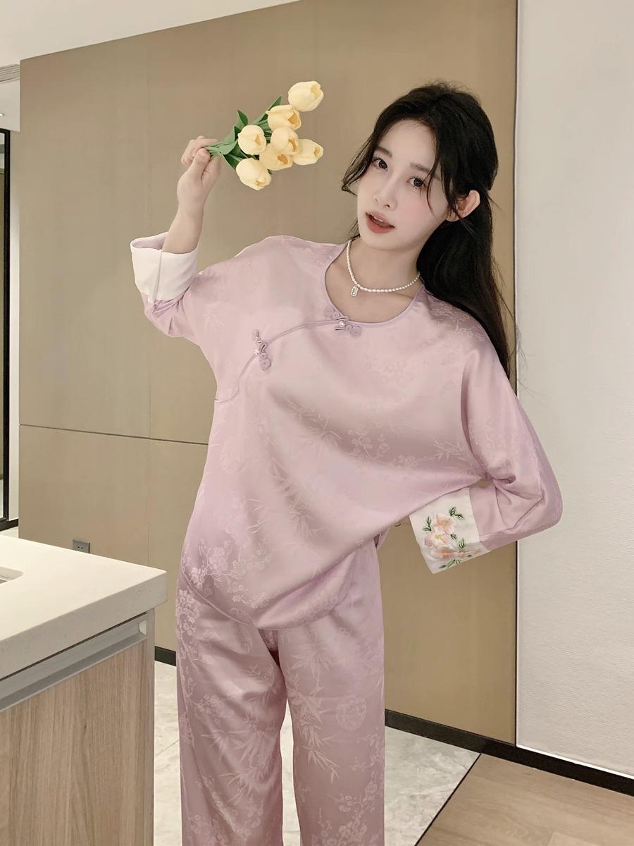 2023春秋季新款中式真丝睡衣女套装高级感长袖宽松薄款甜美家居服