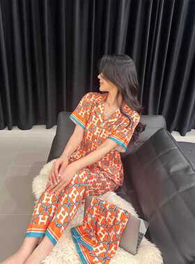 真丝三件套字母睡衣女夏季大牌高级感橙色短袖长裤休闲宽松家居服