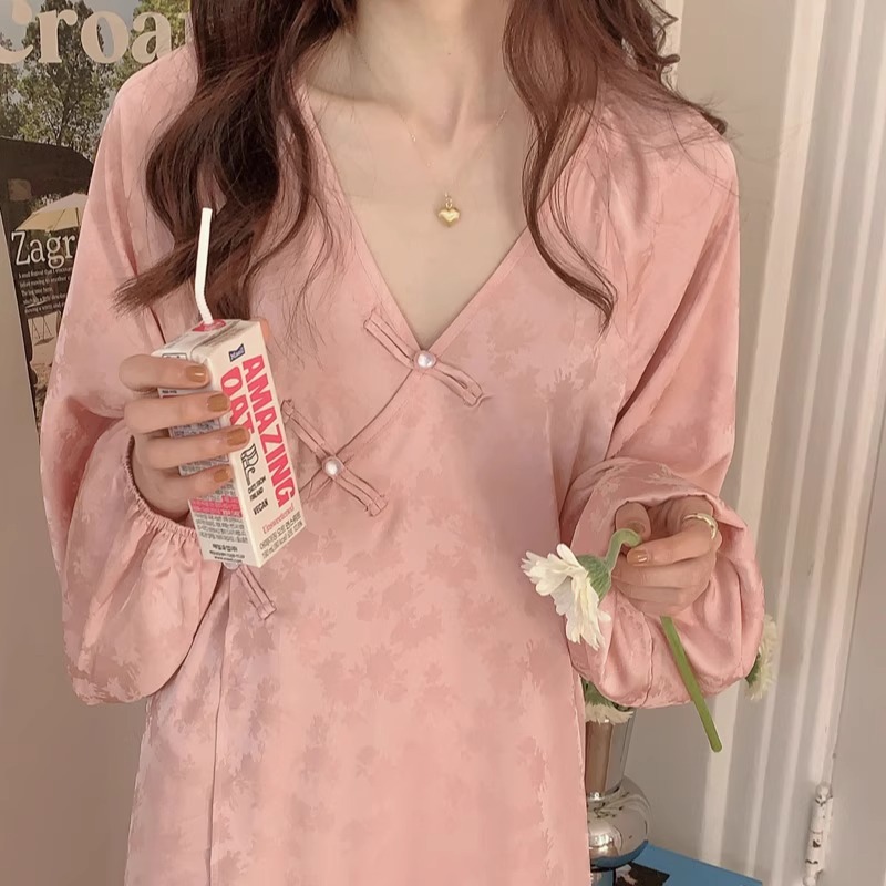 新品桑蚕丝长袖睡裙女2024春季复古风碎花真丝V领长裙睡衣家居